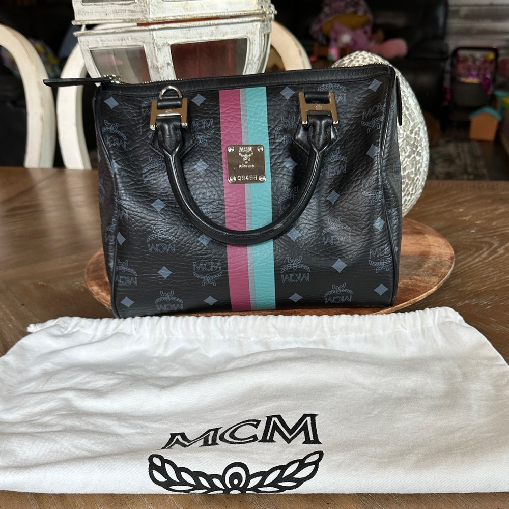 MCM Black Satchel with Pink and Teal Stripes